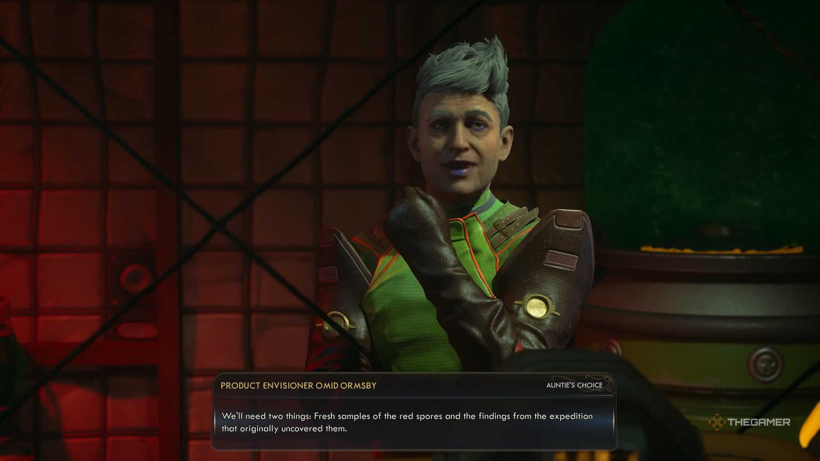 Ormsby asks for red spore samples and a data cartridge in The Outer Worlds 2. 