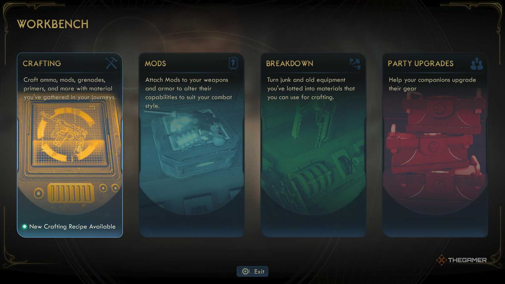 The four main options of the crafting system in The Outer Worlds 2.