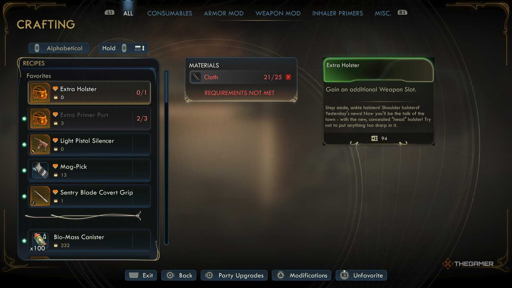 Crafting menu showing additional holsters to craft in The Outer Worlds 2.