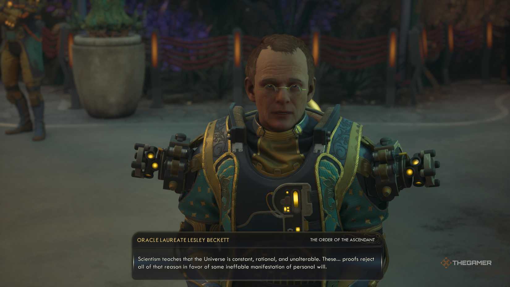 Talks with Beckett about the contents of the chapel audio logs in The Outer Worlds 2.