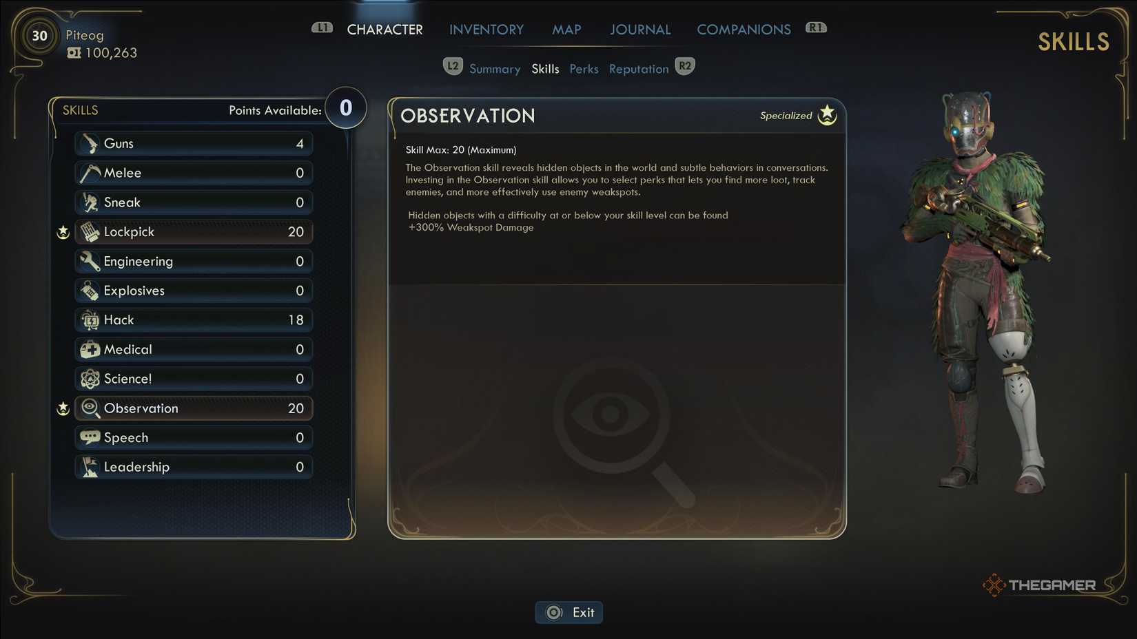 This is the maximum observation skill specialized for Outer Worlds 2.