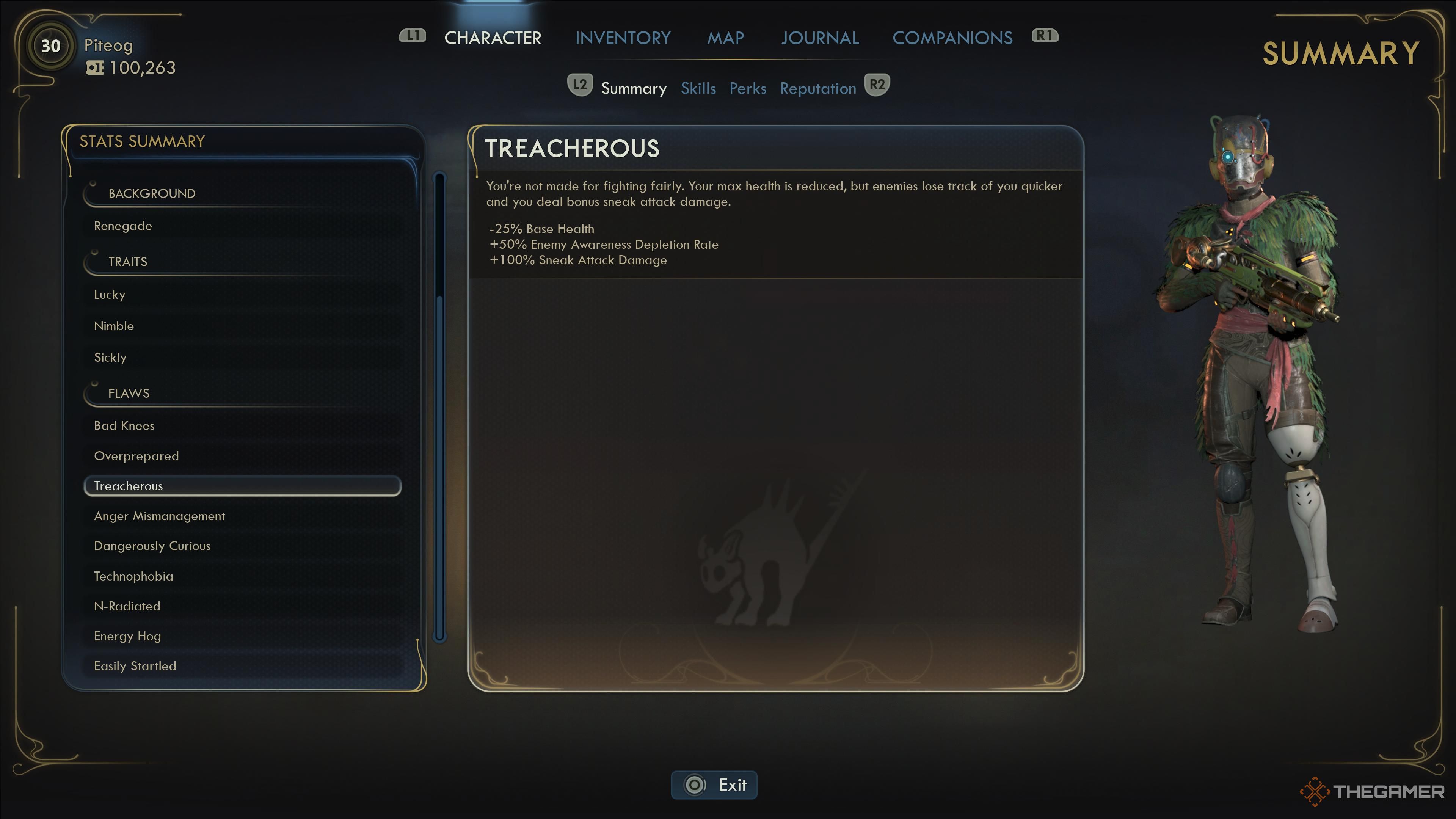 The list of accepted flaws on a character in the outer worlds 2.