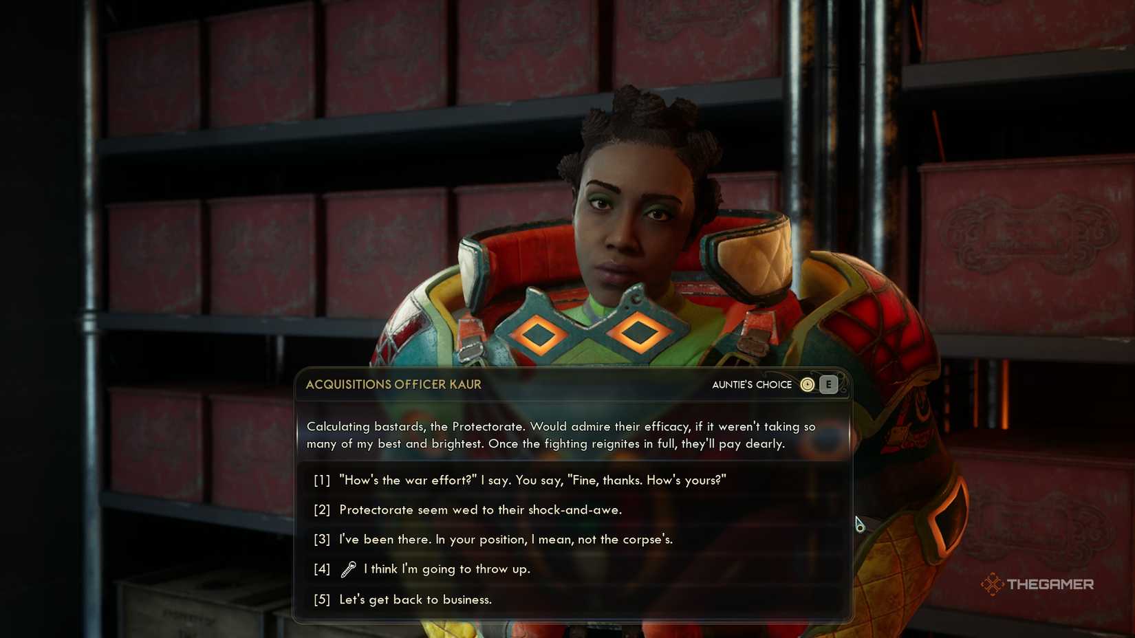 The player who talks to Acquisitions Officer Kaur in The Outer Worlds 2. She wears large colorful armor