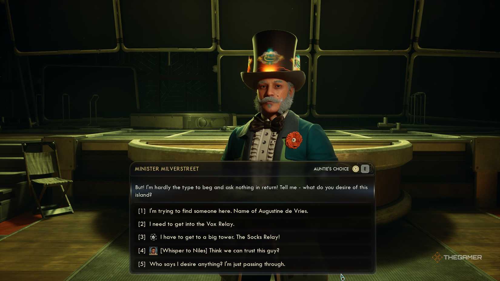 The player who speaks to Minister Milverstreet in The Outer Worlds 2. Milverstreet is wearing a top hat