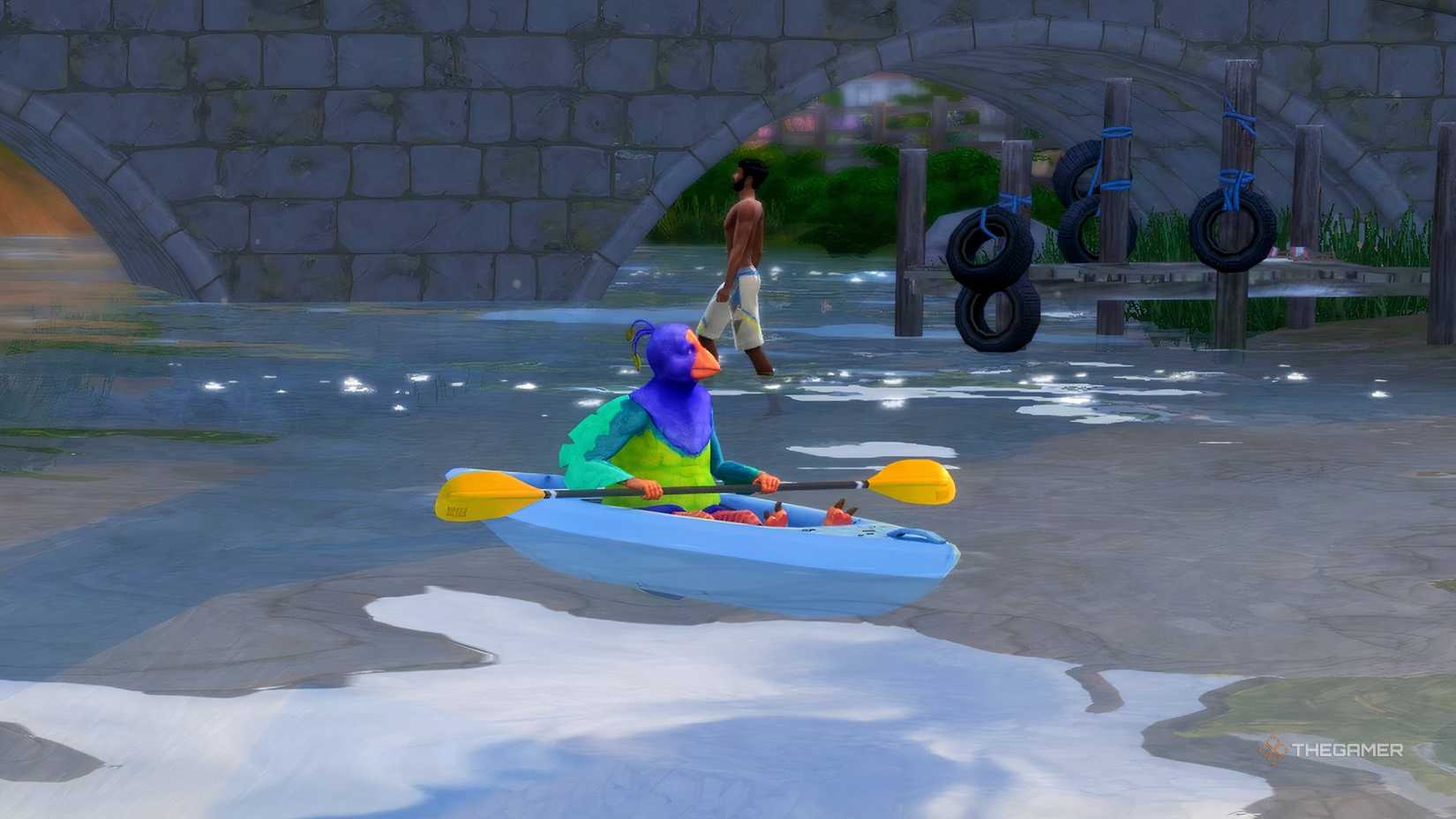 The plumbad in kayak along the river in Sims 4.