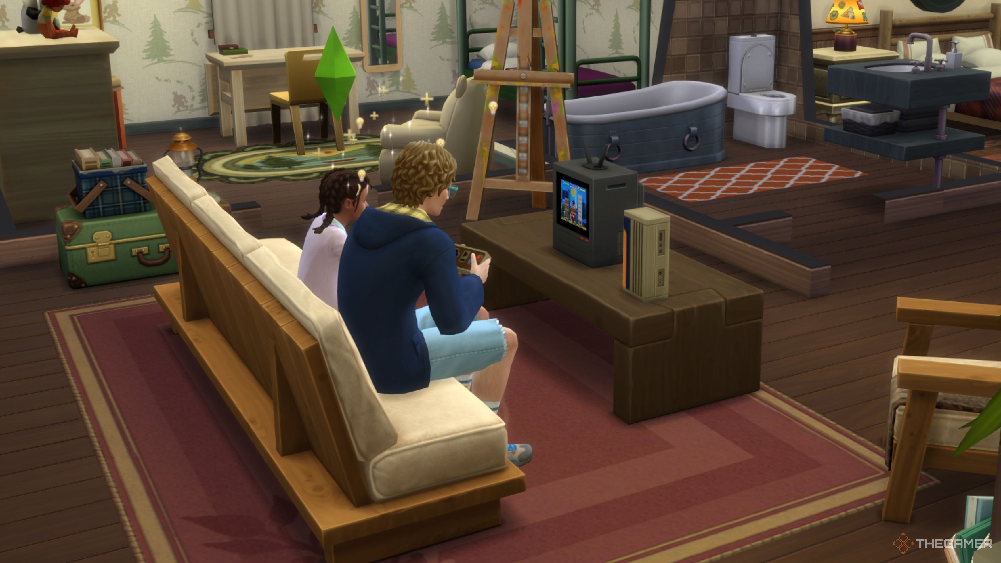 The Sims 4 Adventure Awaits father and child playing video games. 