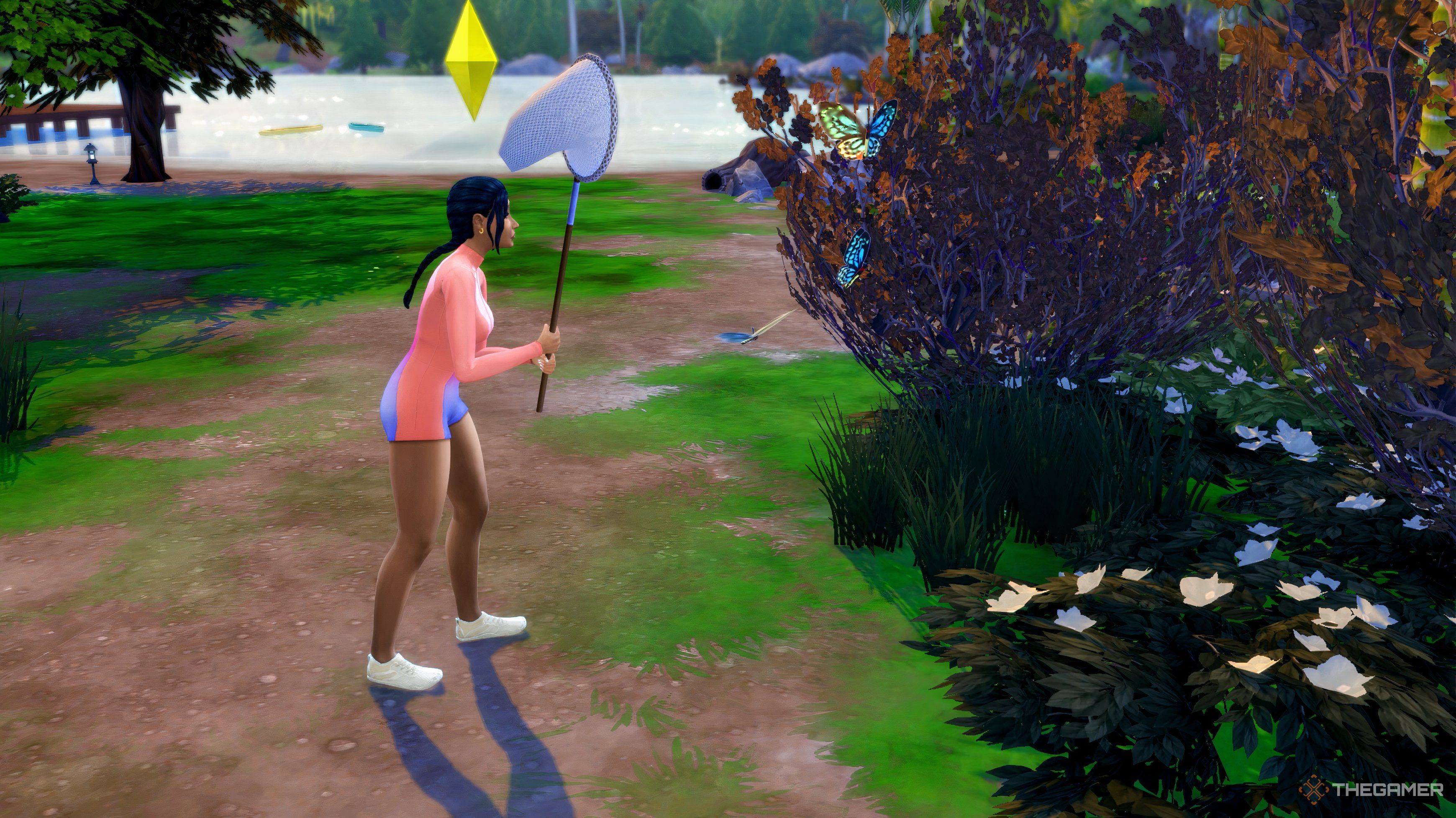 The Sims 4 catching butterflies with a net.