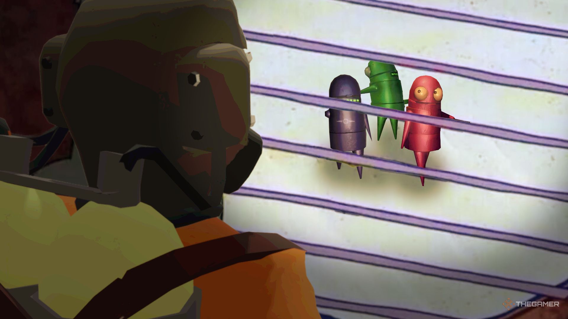 It's a SpongeBob window meme, but with a Lethal Company employee looking down at a REPO semibot.