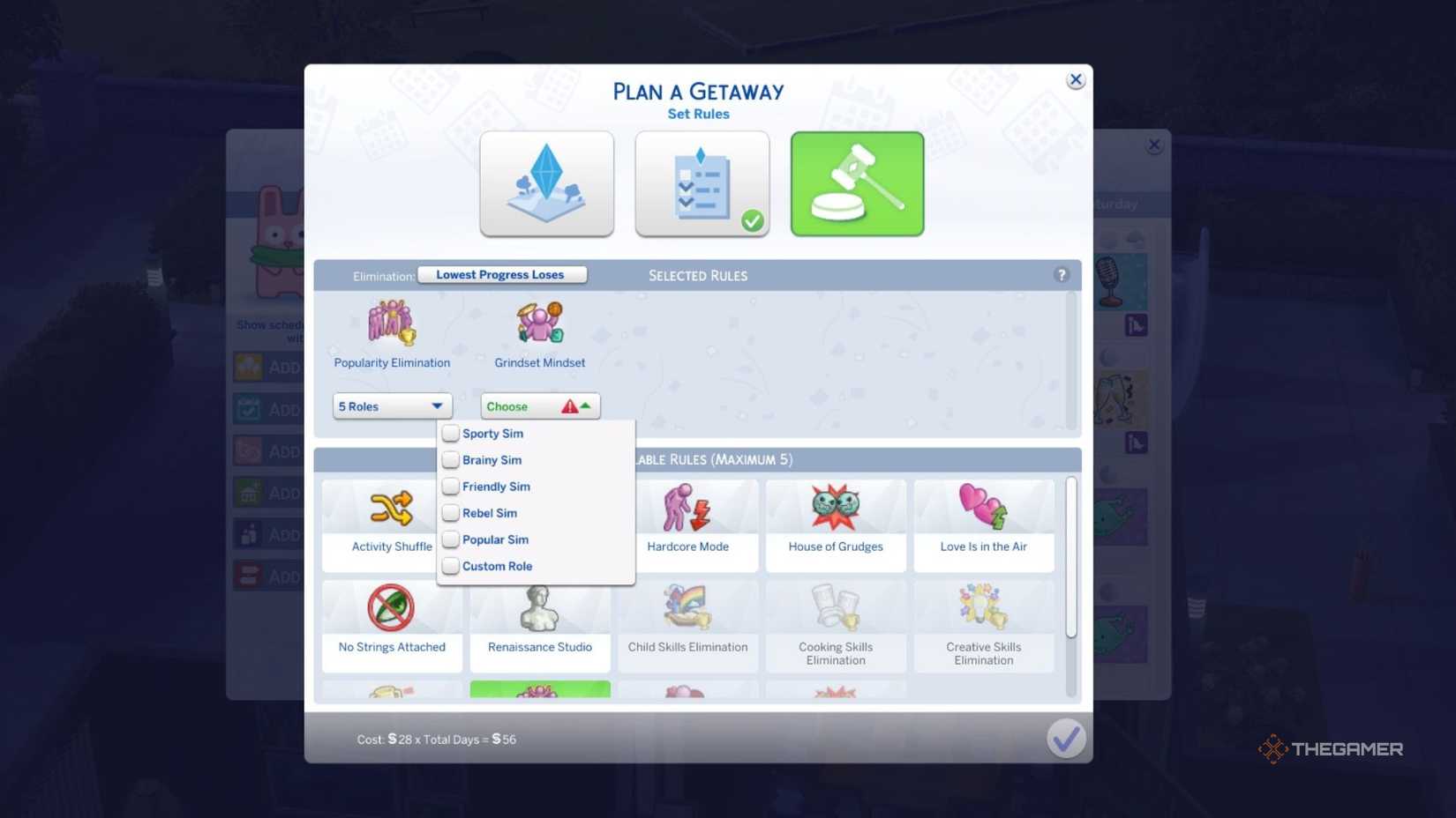 TS4 Getaway planner showing popularity elimination and grindset rules.