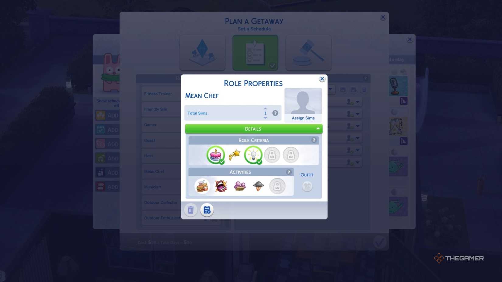 TS4 Getaway planner showing role properties for mean chef.