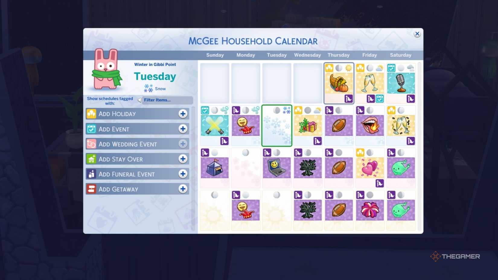 TS4 Household Calendar showing add getaway option.