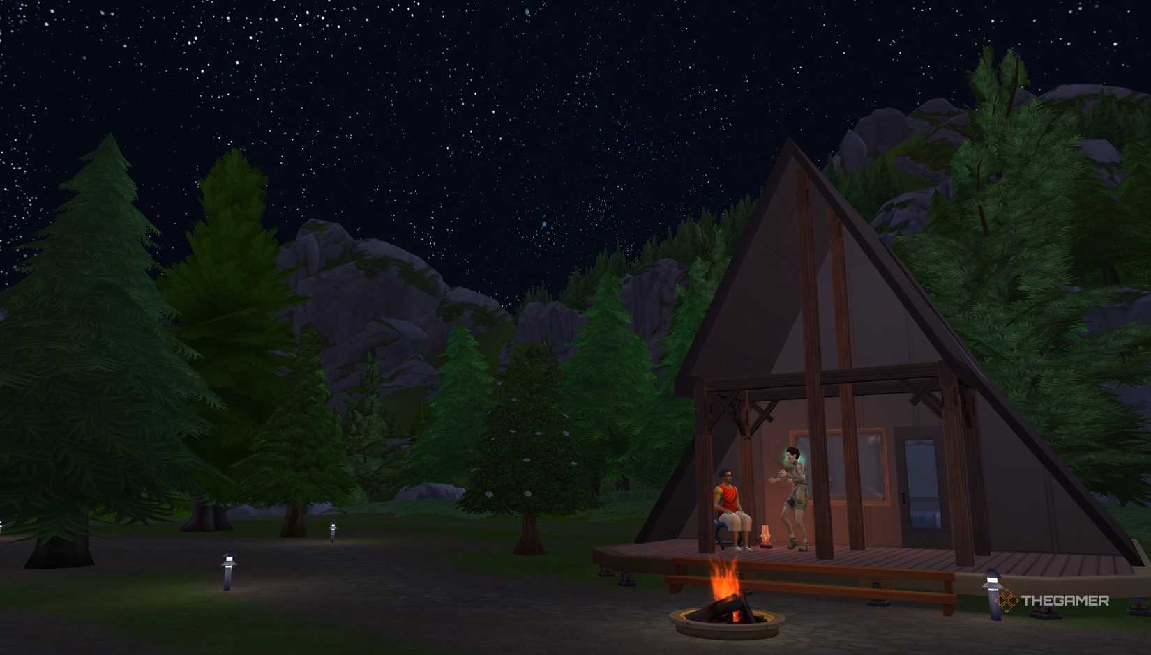 The SIMS 4 Adventure's customized place is waiting for two Shims to talk outside the triangle room.