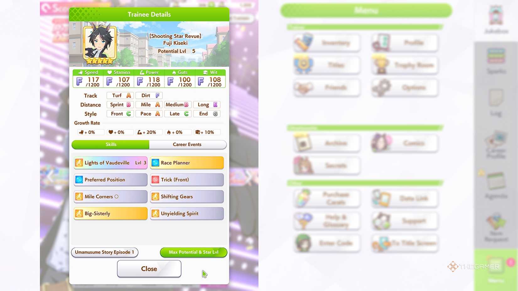 Umamusme Pretty Derby Fujiki Kiseki's maximum potential and skills are set on the left.