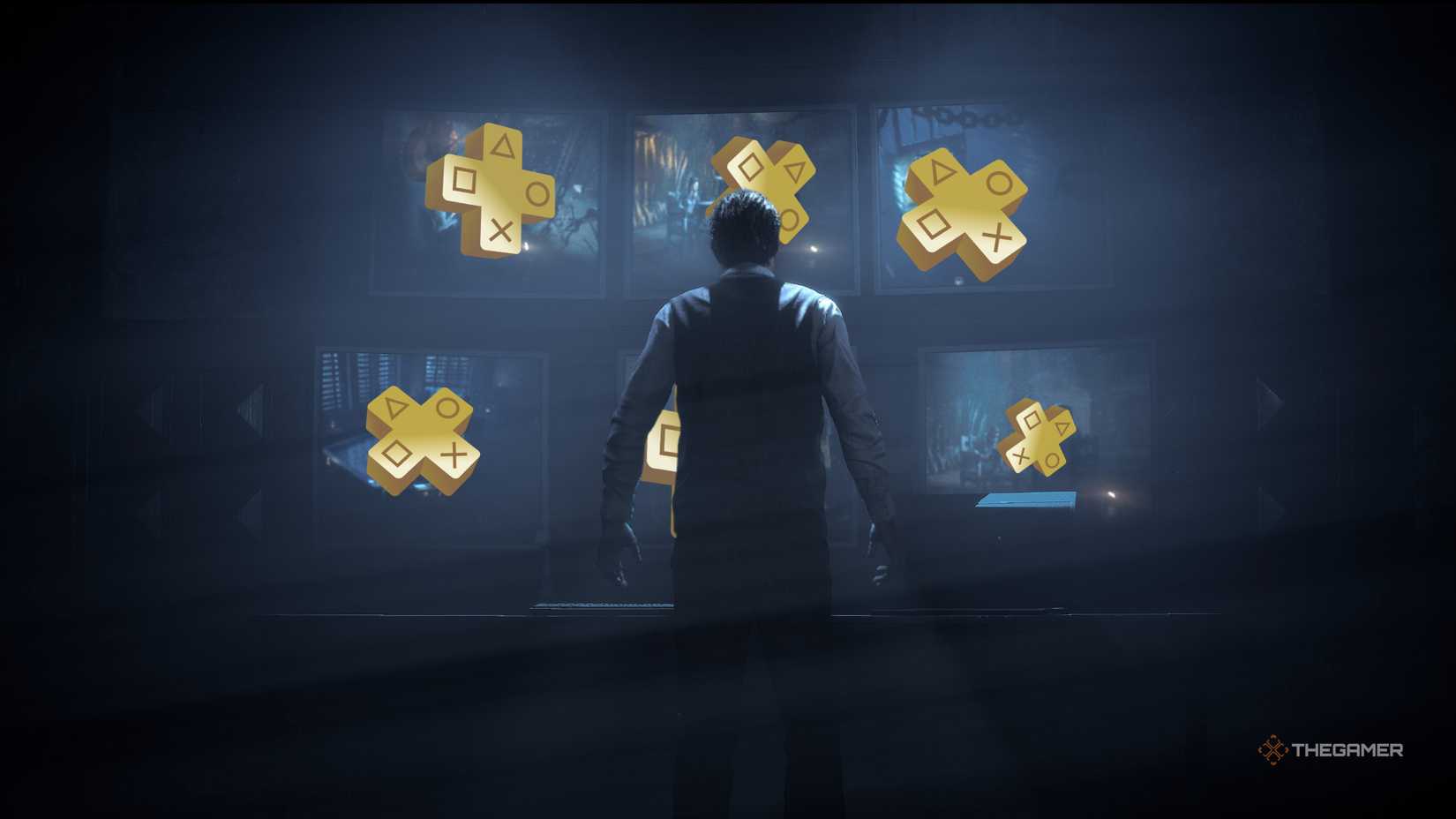 character until dawn looks at multiple screens showing ps plus logos.