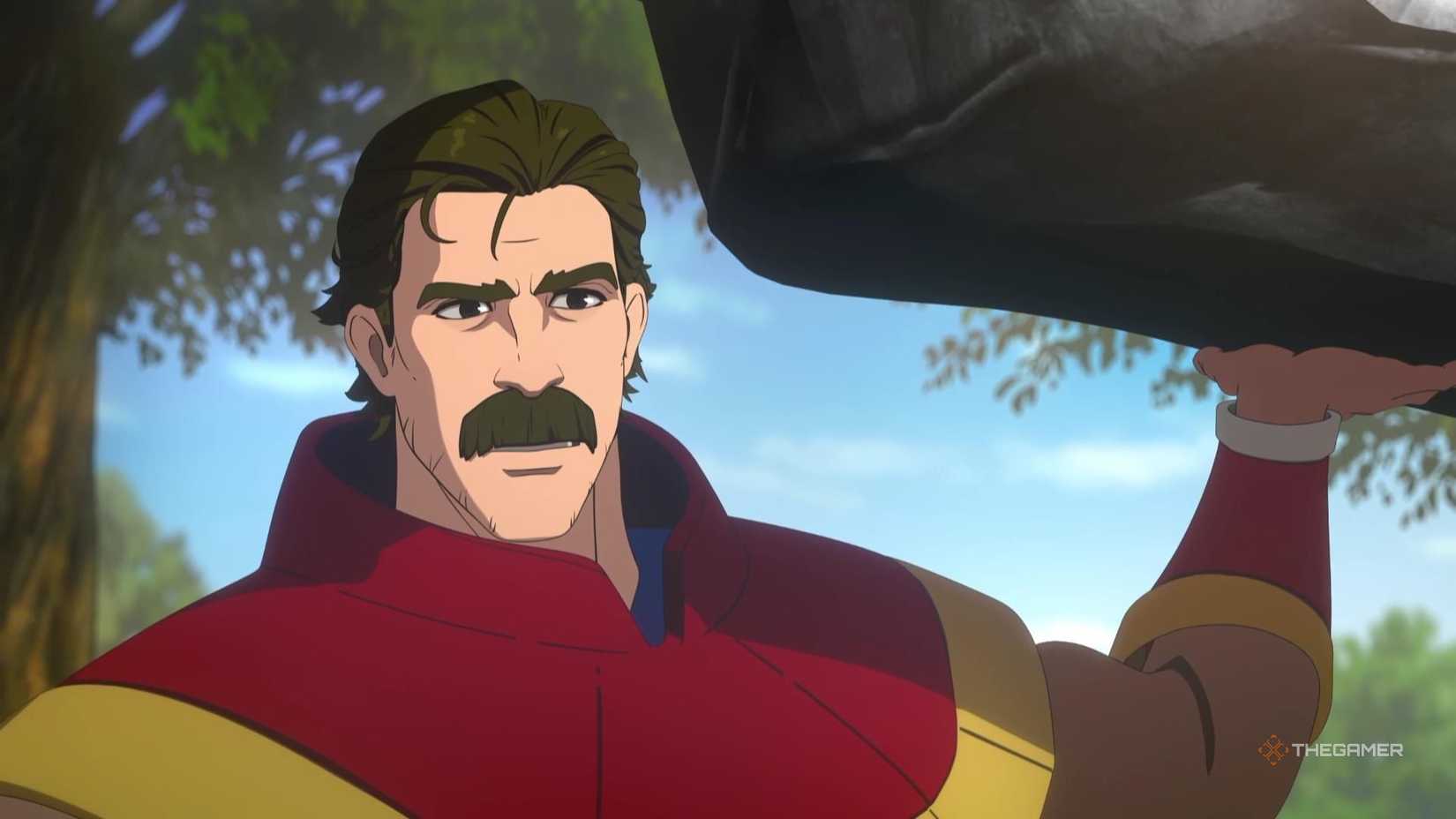 A mustached superhero holds a car in one hand in Dispatch.