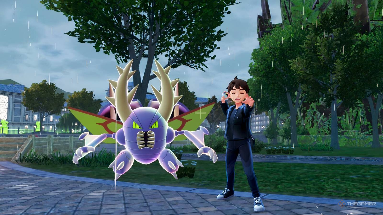 pokemon trainer holding an ultra ball in the rain standing next to a shiny mega pinsir.