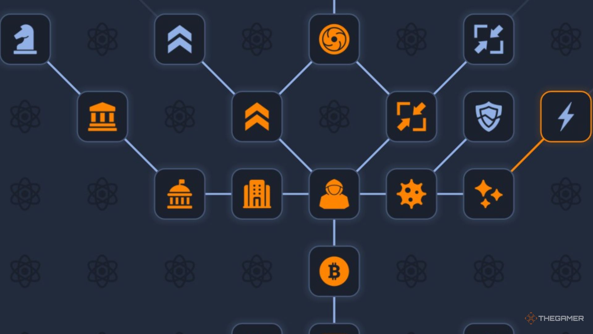 the tech tree in upload labs is centered on the hacking section, denoted by a hooded figure and the surrounding icons.