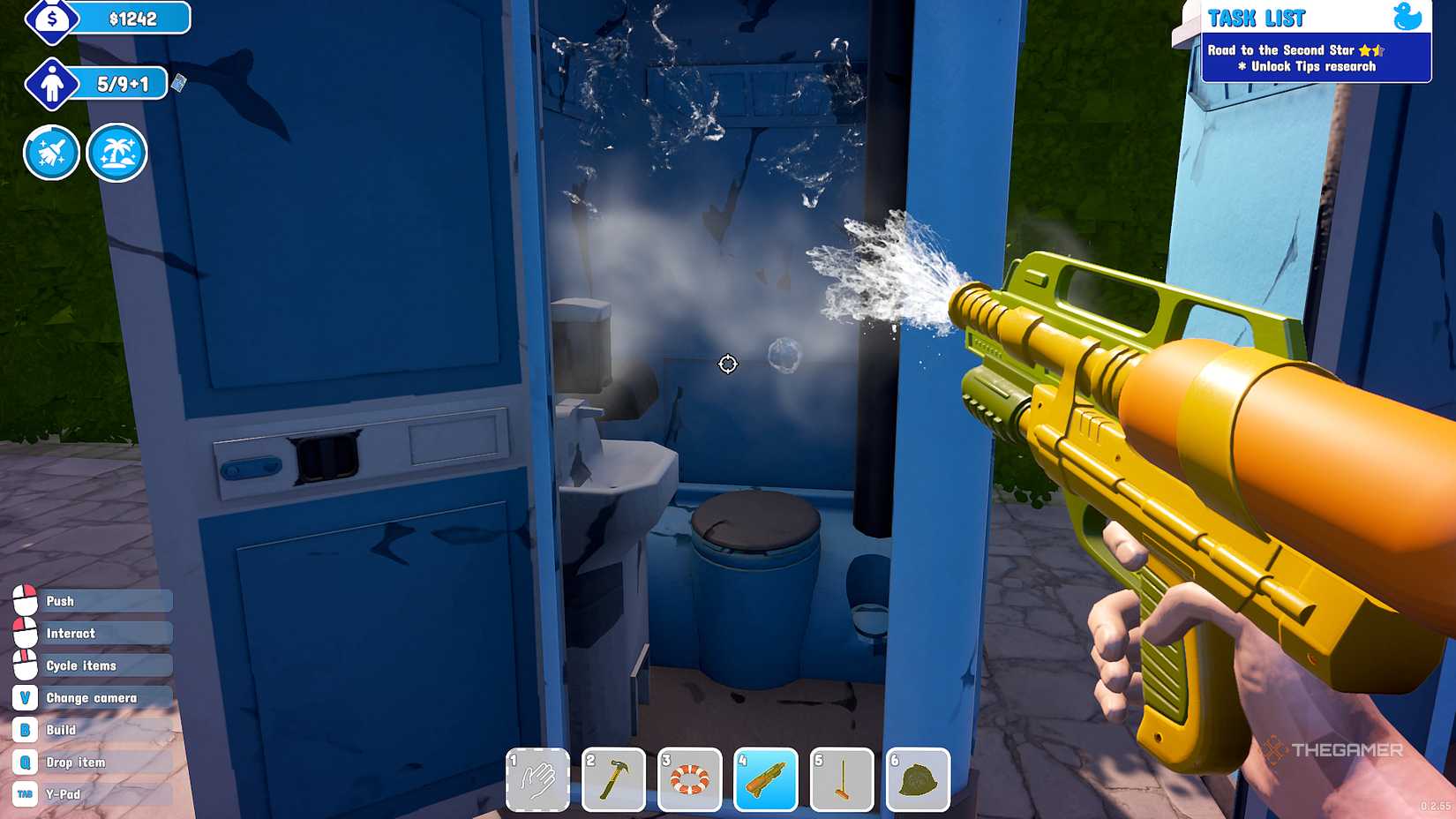 Use a water gun to clean the bathroom in the water park simulator.