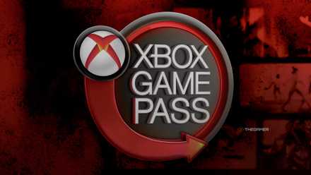 Xbox Game Pass logo in red. Game screenshots can be seen in the background.
