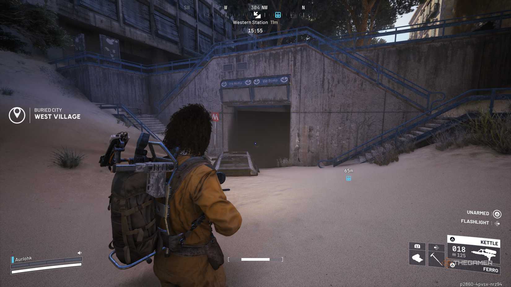 Player Raider walks towards the entrance of a train station which is an extraction point in Arc Raiders.