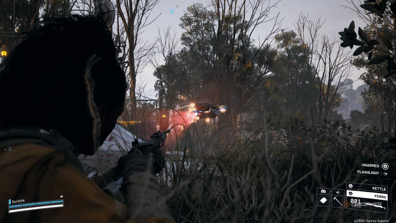 Player Raider crouches down and fires at an ARC enemy near the extraction elevator in Arc Raiders.