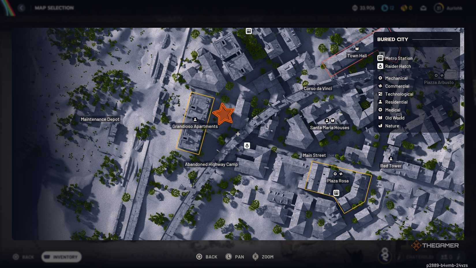 Close up of the western side of the Buried City map with an orange star edited onto the solar panel locations in Arc Raiders.