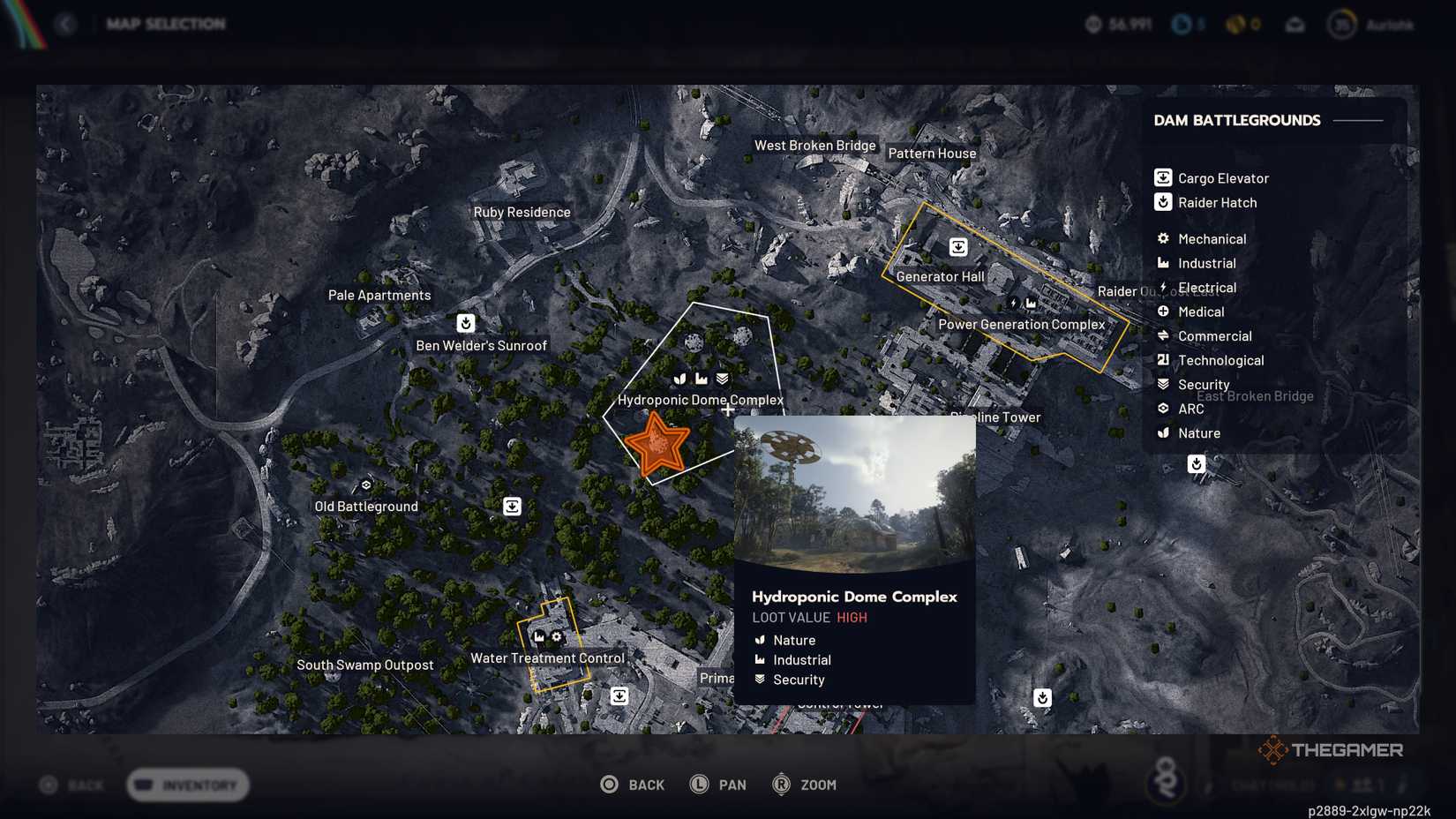 Map of western Dam Battleground with an orange star edited onto the hydroponic dome with the data archive in Arc Raiders.