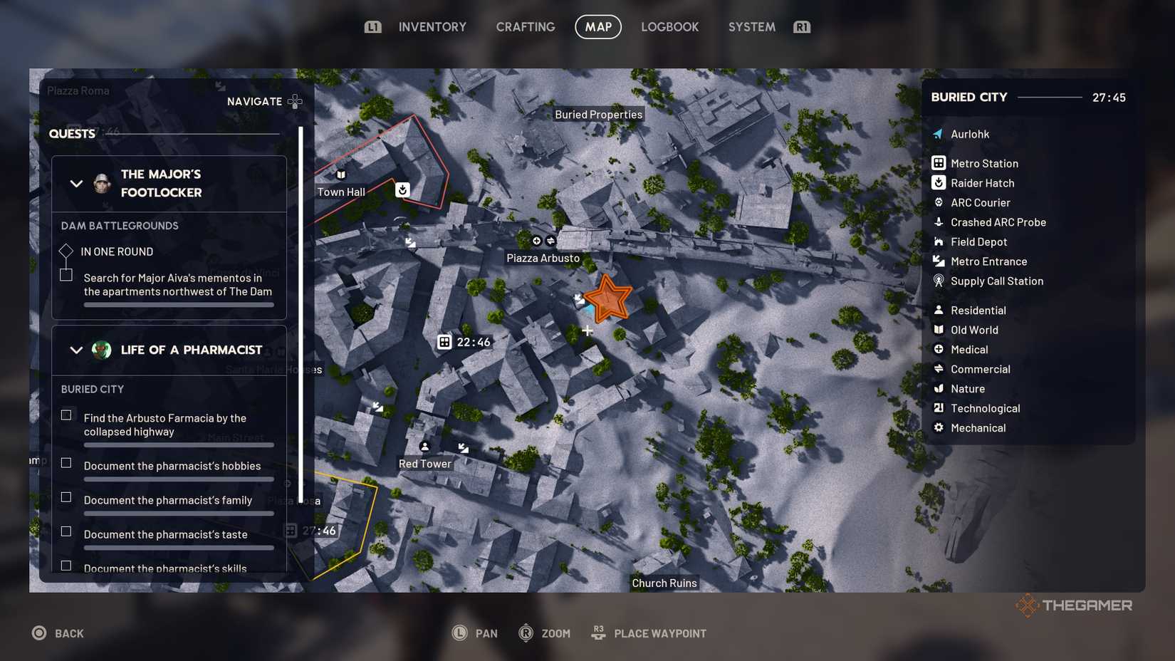 Close up of a map of eastern Buried City with an orange star edited onto Pharmacy Arbusto's location in Arc Raiders.