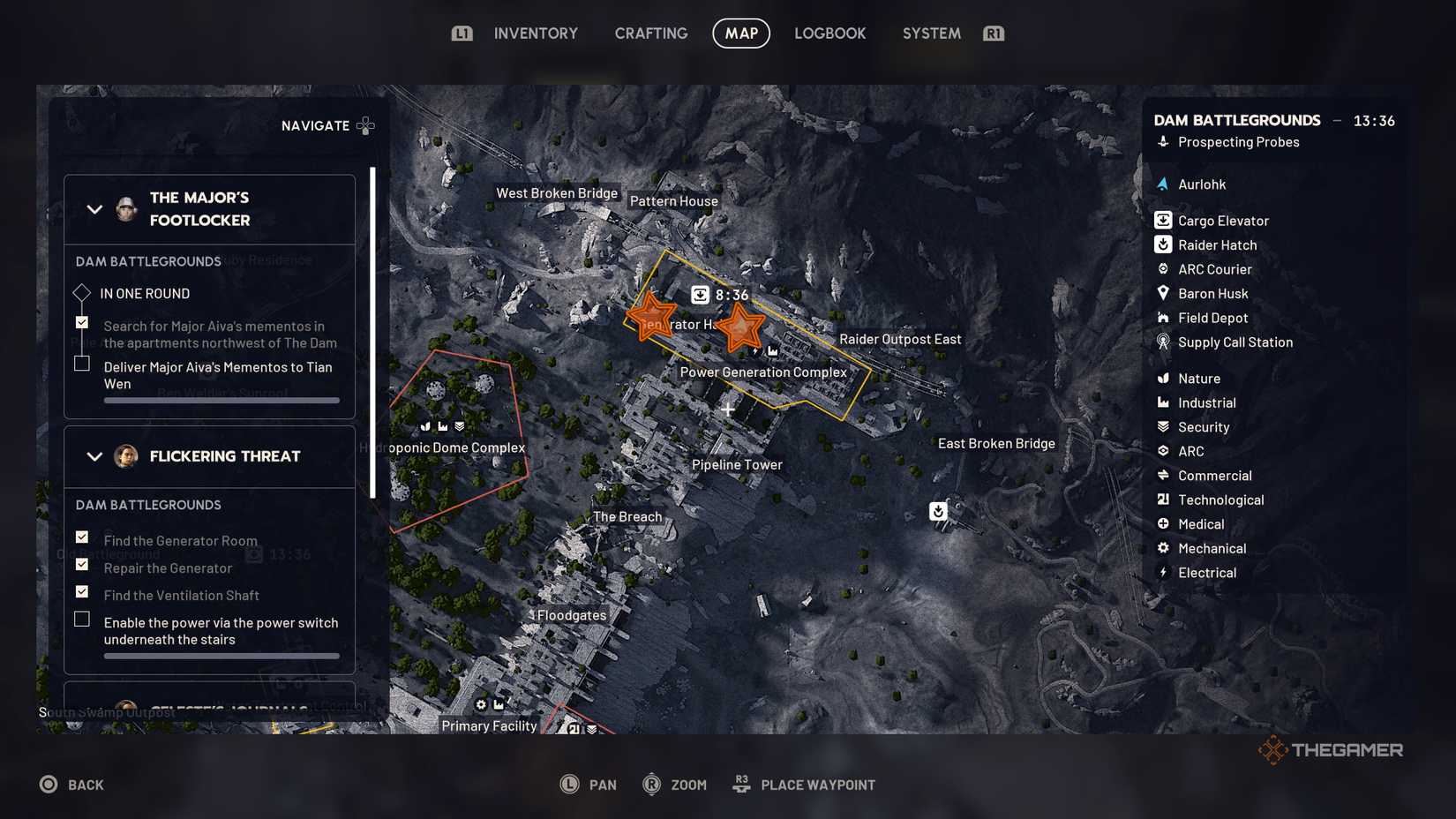 在《Arc Raiders》中，将两个橙色星星编辑到发电机和通风口位置的北部 Dam Battlegrounds 地图的特写镜头。