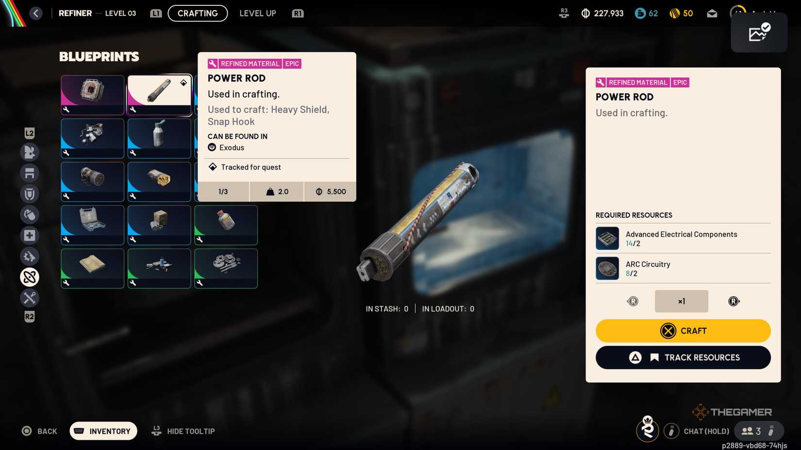 在《机甲战神》中,精炼师工作坊菜单显示的电力棒配方及其所需材料。