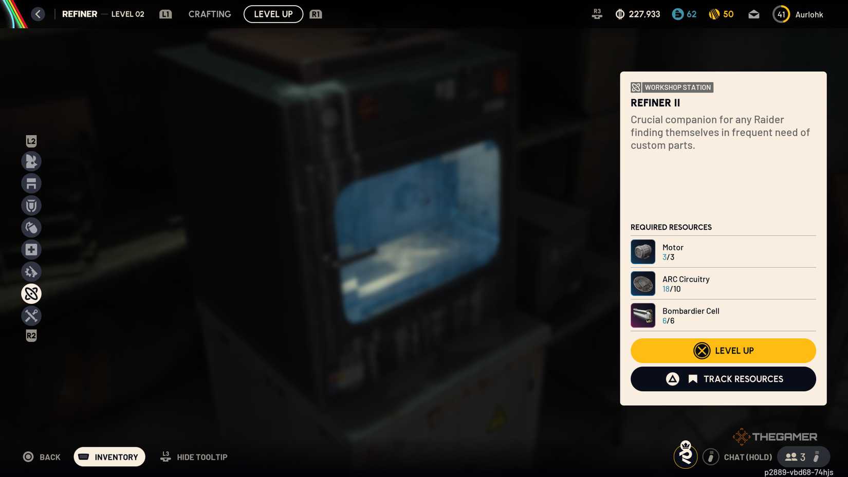 精炼者工作坊菜单显示三级升级和在《机甲战神》中所需的材料。
