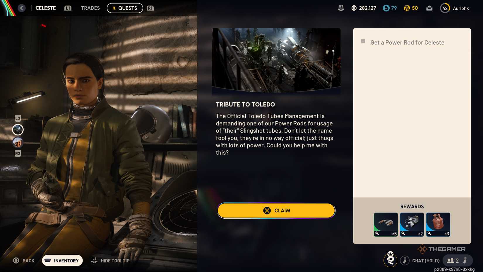 展示 Celeste 在她的商店里，任务用户界面 (UI) 打开，显示《Toleda 的致敬》及其奖励。