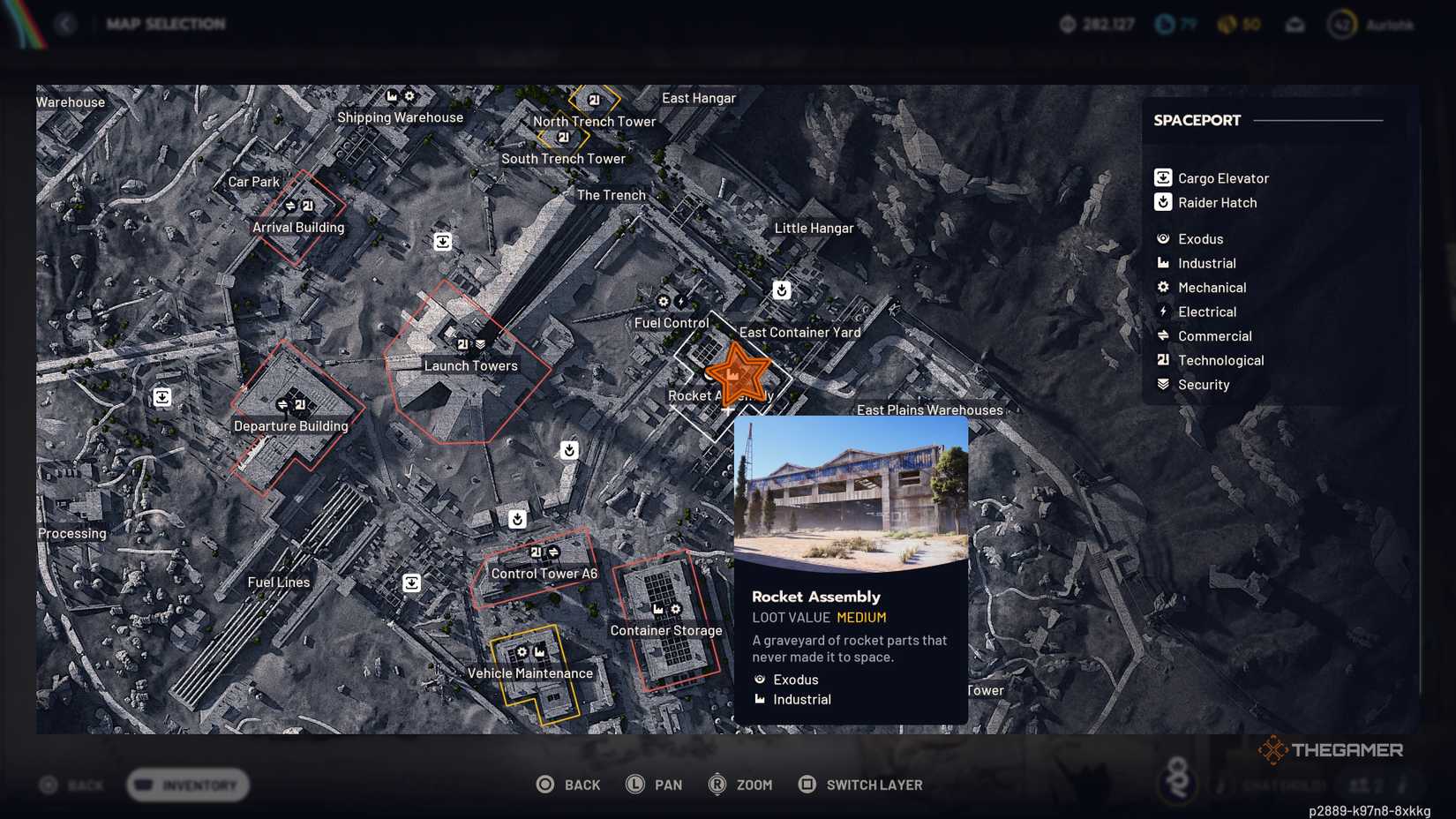 东北部太空港地图的特写镜头,在《机甲战士》中将橙色星星编辑到火箭组装的位置。