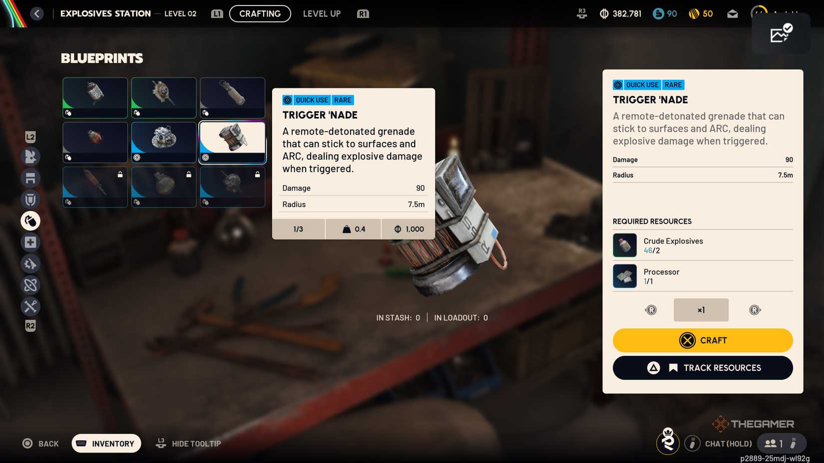 Crafting UI for the Explosives Bench focusing on the recipe for a Trigger Nade in Arc Raiders.
