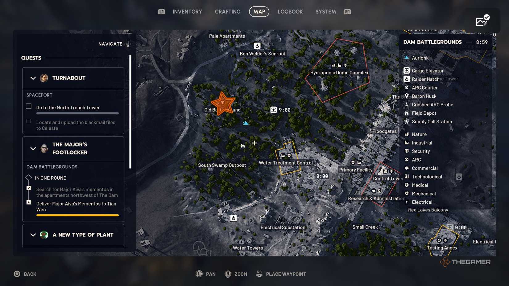 Close up of a map of western Dam Battlegrounds with an orange star edited onto the potentially poisonous plant's location in Arc Raiders.