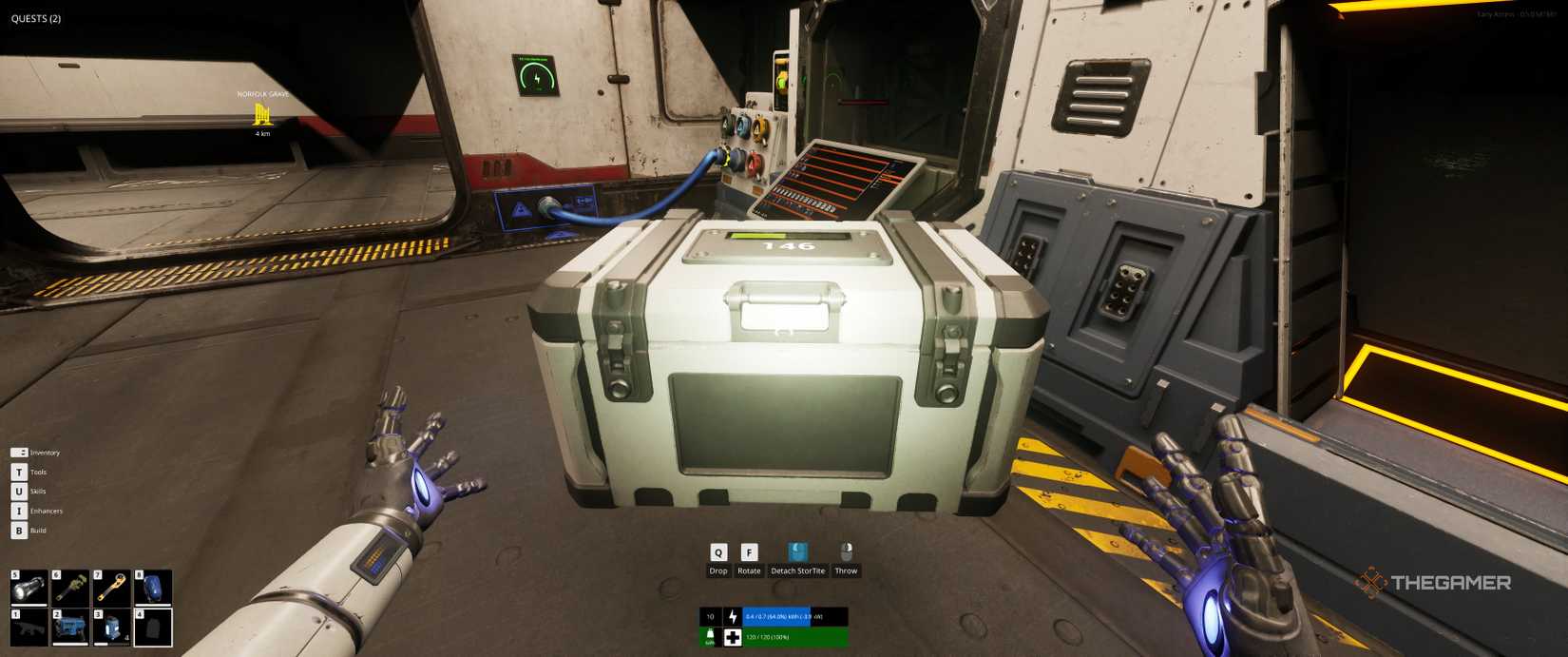 Player carrying a storage box in The Last Caretaker.