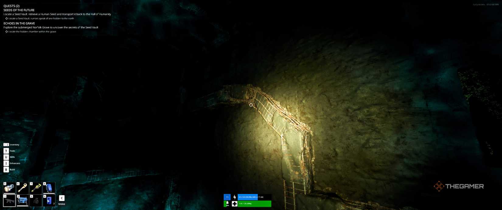 Pillar curving up to the left in the Norfolk Grave parkour puzzle in The Last Caretaker.