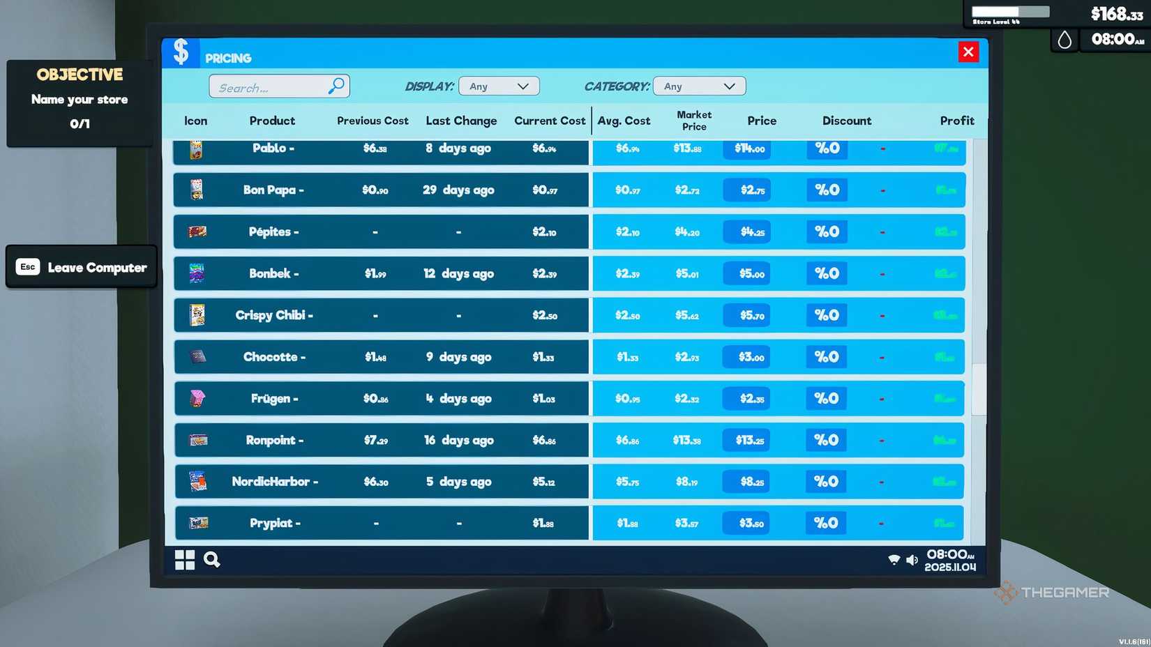 A list that displays pricing information for Supermarket Simulator computers.