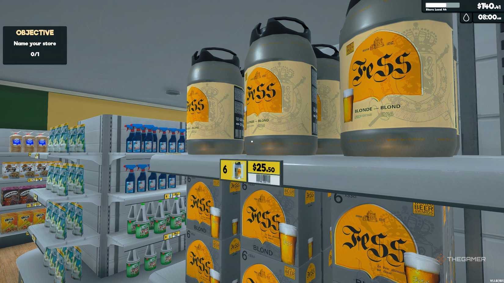 In Supermarket Simulator, a glass of beer is placed on a shelf with a price tag on the front.
