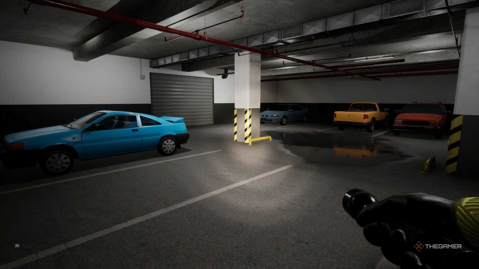 A flashlight shines on four different colored cars in Escape The Backrooms.