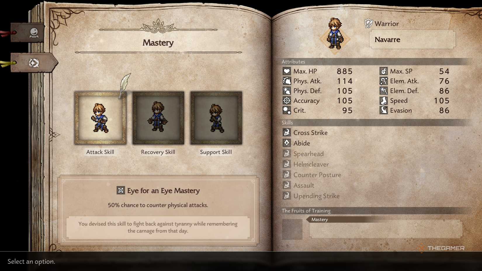 Mastery skill selection menu in Octopath Traveler 0.