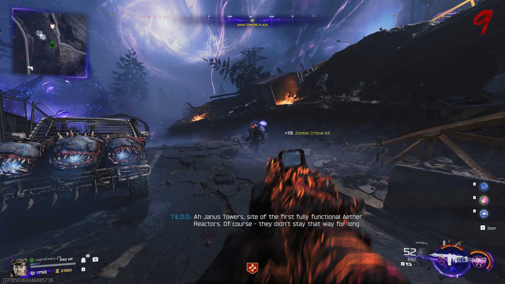 Black Ops 7 players watch an Uber Klaus on a main road outside Janus Towers.