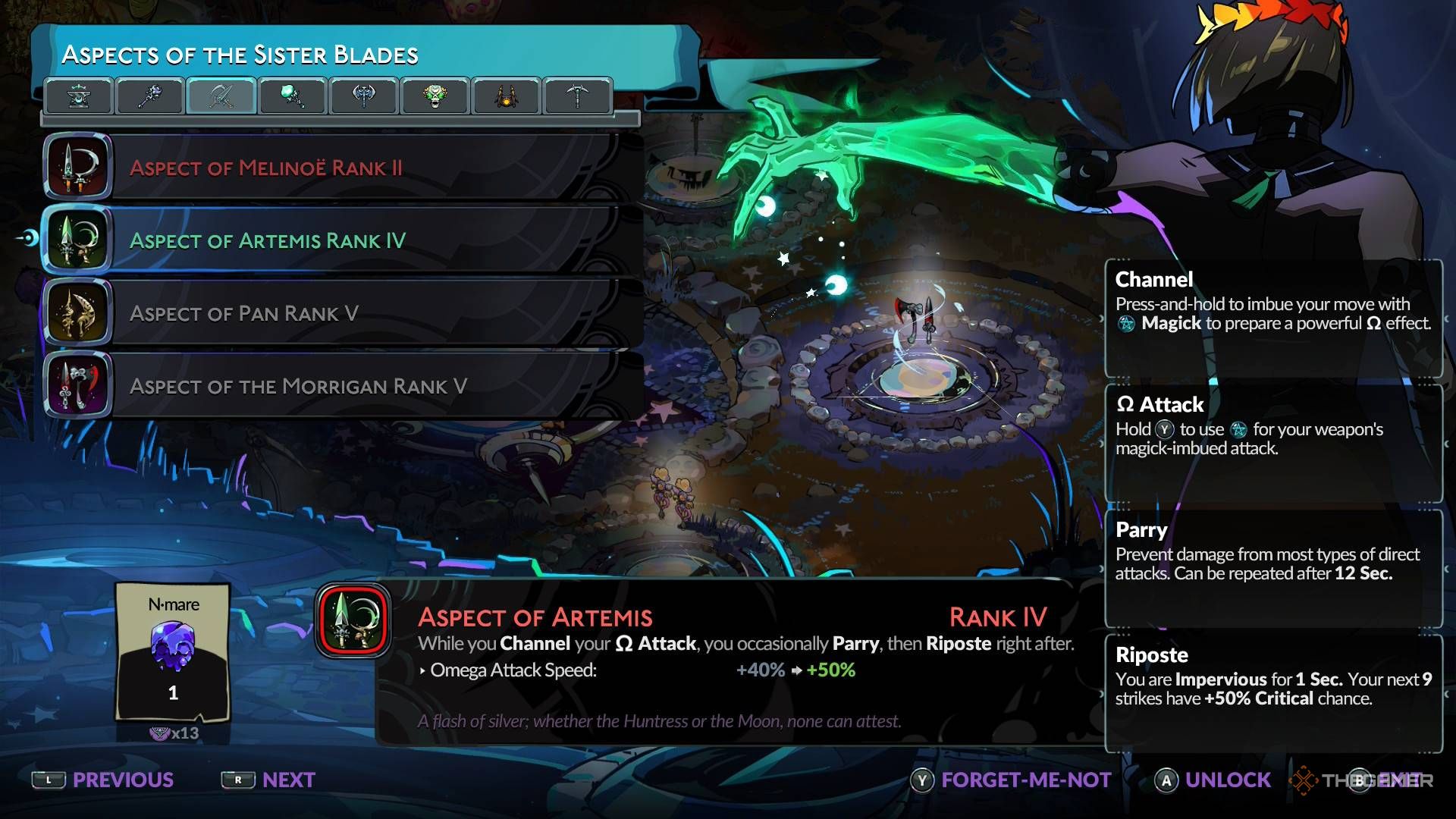 Aspects of the sister blades menu in Hades 2.
