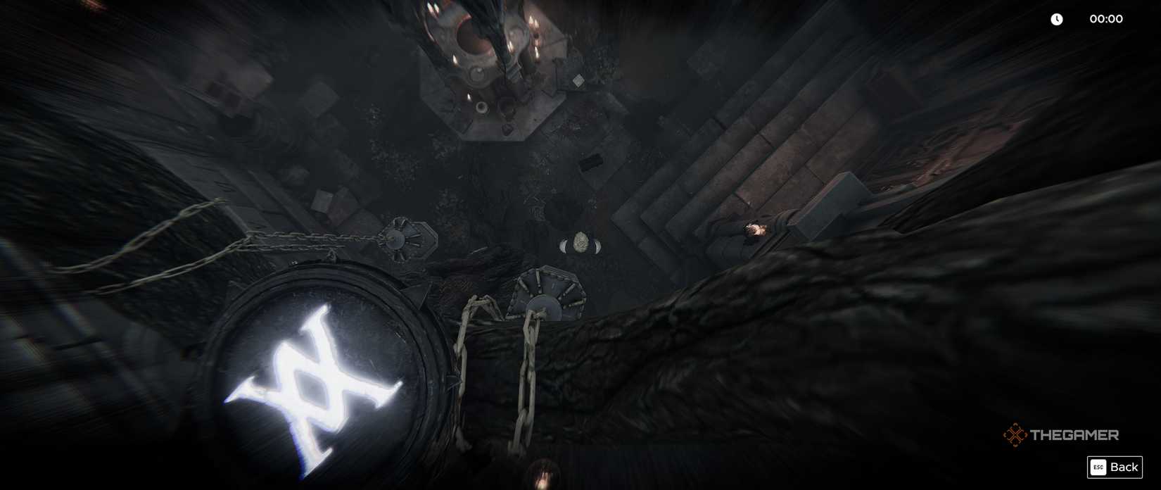A bird's eye view showing one of the glowing glyphs in Dracula's Courtyard in Escape Simulator 2.