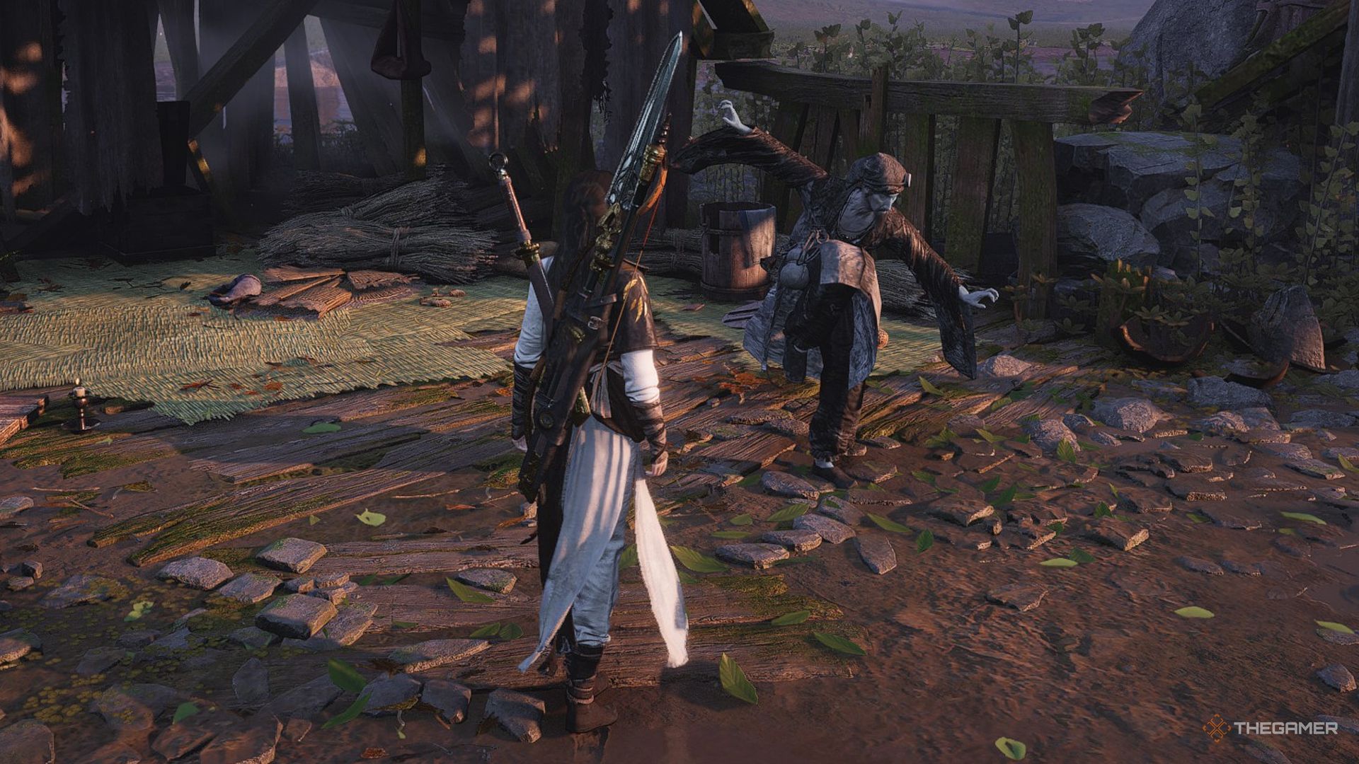 A character in Where Winds Meet in front of the stone man.