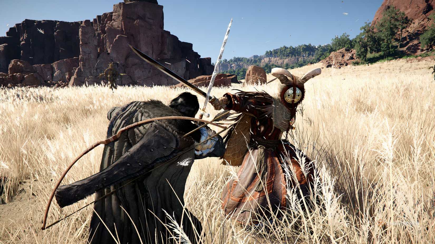 A man with a bow and arrow facing a masked person with a sword in a large field in the Crimson Desert.