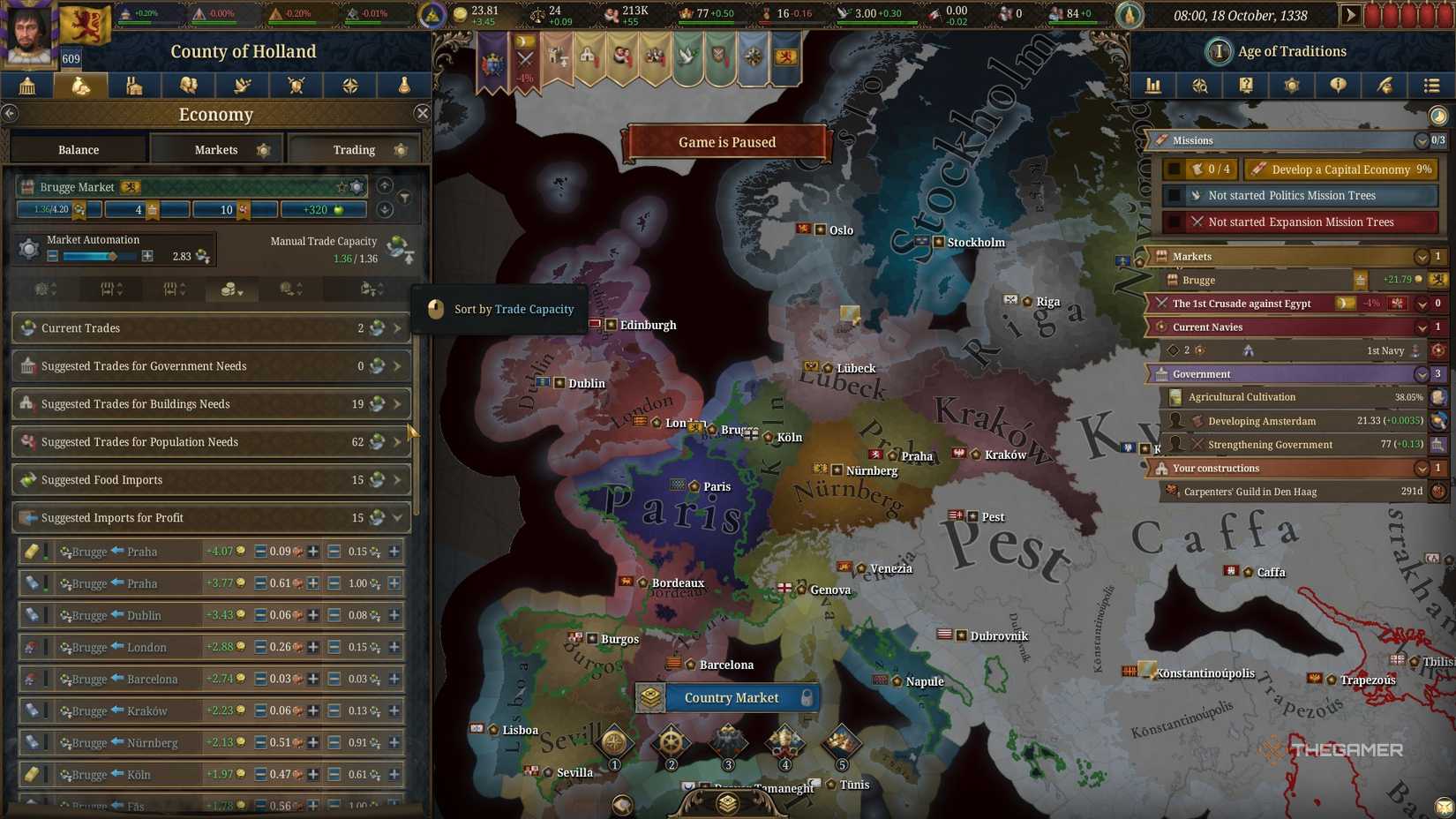 This is the Holland County trade screen in Bruges Market in Europa Universalis 5.