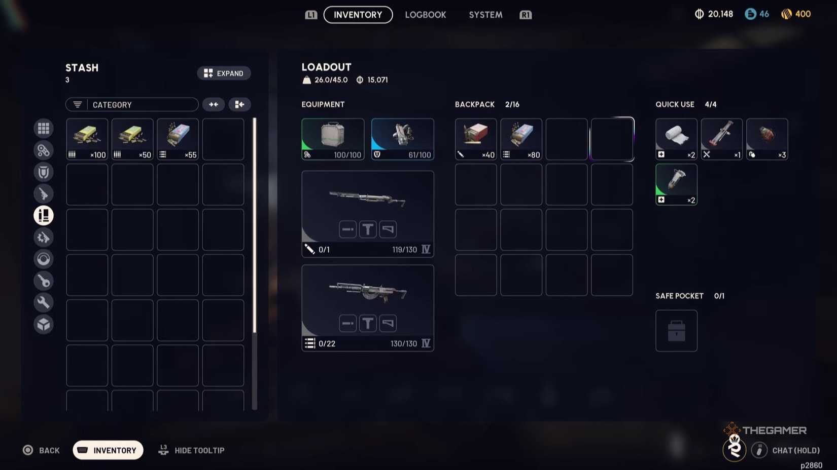 یک بارگیری کامل با چندین سلاح و ابزار در Arc Raiders.