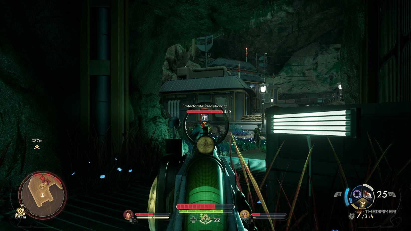 Aiming guns at an enemy in The Outer Worlds 2.