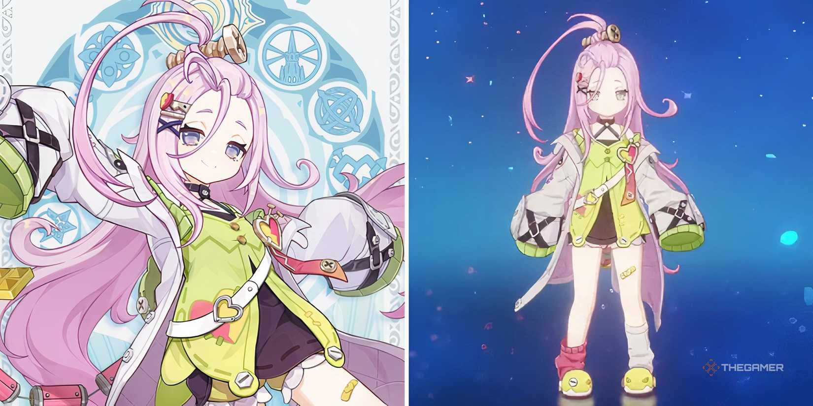 Aino with her art card background next to her with the blue menu background in Genshin Impact.